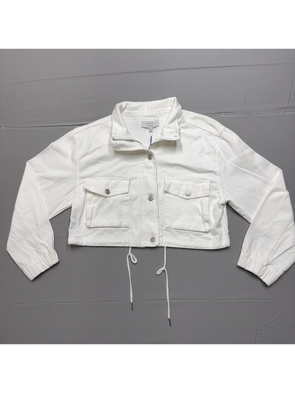 Love Tree Womens Cropped Denim Jacket Utility Drawstring Size M White NWT